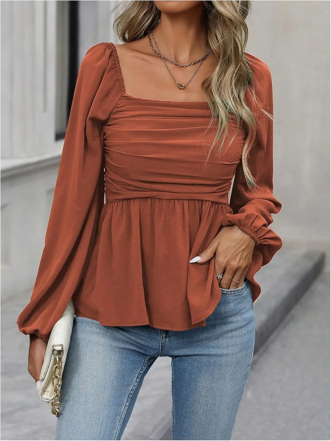 Floerns Women's Bishop Long Sleeve Ruched Square Neck Ruffle Hem Peplum Blouse Top