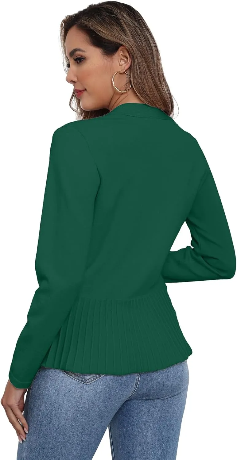 GRECERELLE Women Lightweight Casual Long Sleeves Cropped Cardigan Open Front Peplum Knit Sweater Outwear