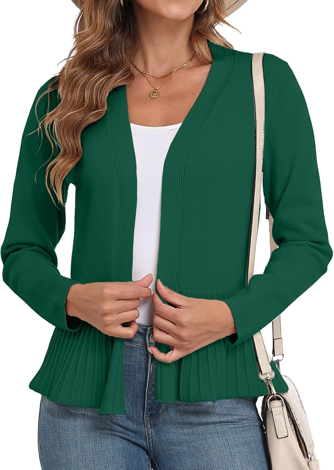 GRECERELLE Women Lightweight Casual Long Sleeves Cropped Cardigan Open Front Peplum Knit Sweater Outwear