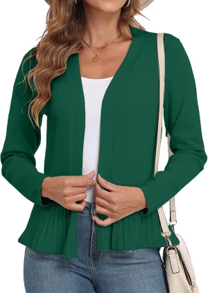 GRECERELLE Women Lightweight Casual Long Sleeves Cropped Cardigan Open Front Peplum Knit Sweater Outwear