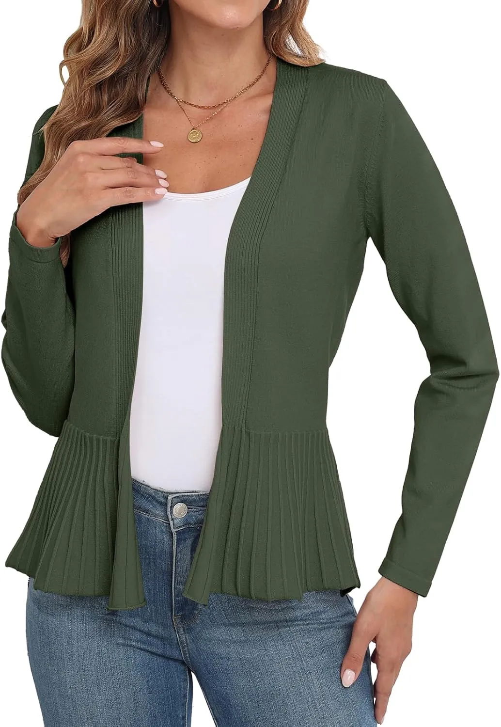 GRECERELLE Women Lightweight Casual Long Sleeves Cropped Cardigan Open Front Peplum Knit Sweater Outwear