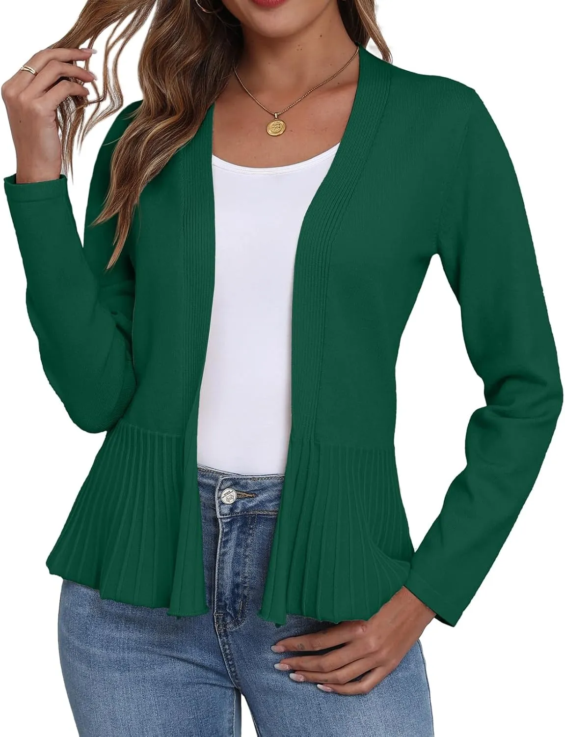 GRECERELLE Women Lightweight Casual Long Sleeves Cropped Cardigan Open Front Peplum Knit Sweater Outwear
