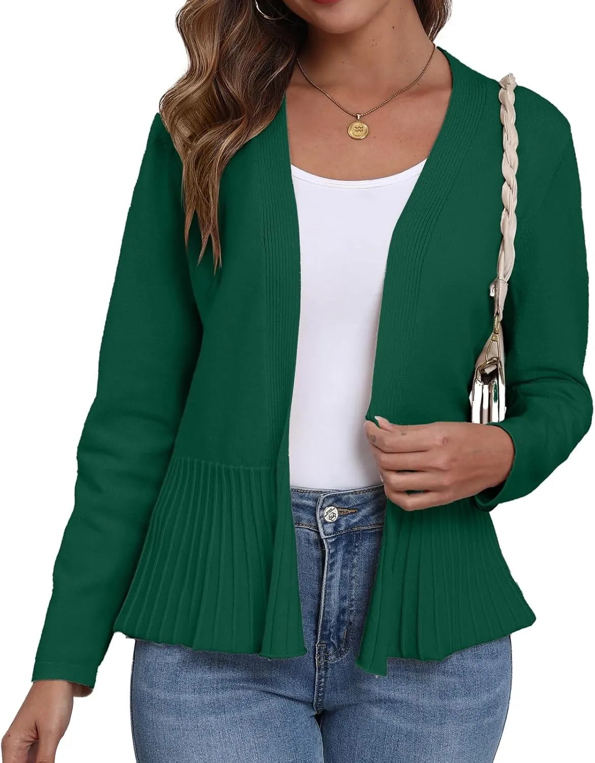 GRECERELLE Women Lightweight Casual Long Sleeves Cropped Cardigan Open Front Peplum Knit Sweater Outwear