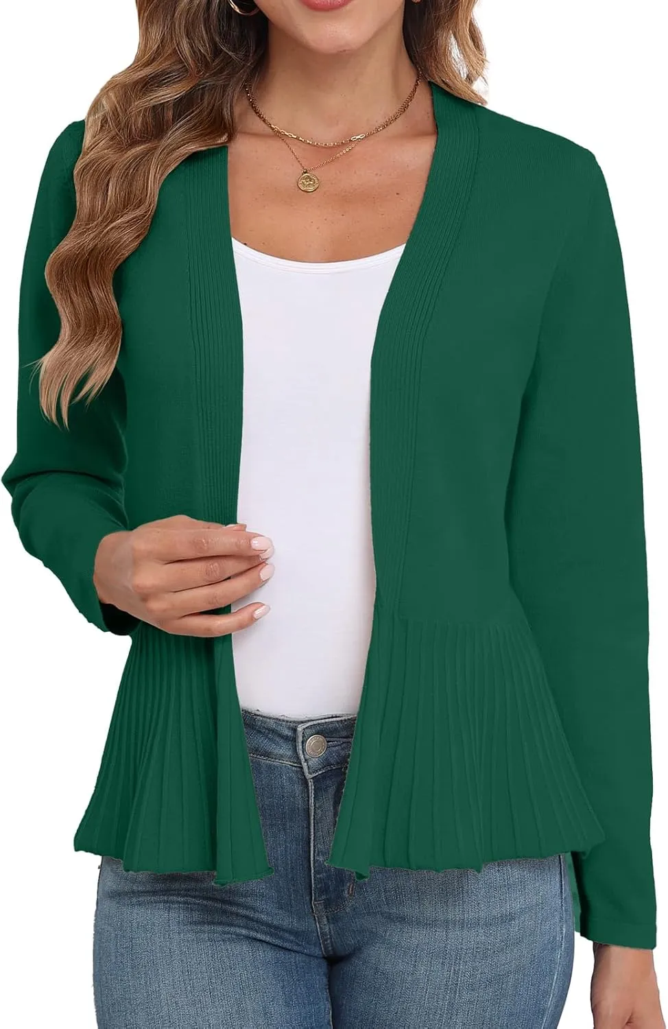 GRECERELLE Women Lightweight Casual Long Sleeves Cropped Cardigan Open Front Peplum Knit Sweater Outwear
