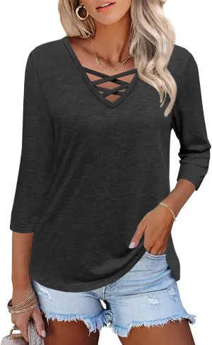 Heymiss Womens Tops 3/4 Sleeve V Neck Shirts Loose Casual Tunic Blouses Criss Cross Summer Tshirts