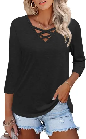 Heymiss Womens Tops 3/4 Sleeve V Neck Shirts Loose Casual Tunic Blouses Criss Cross Summer Tshirts