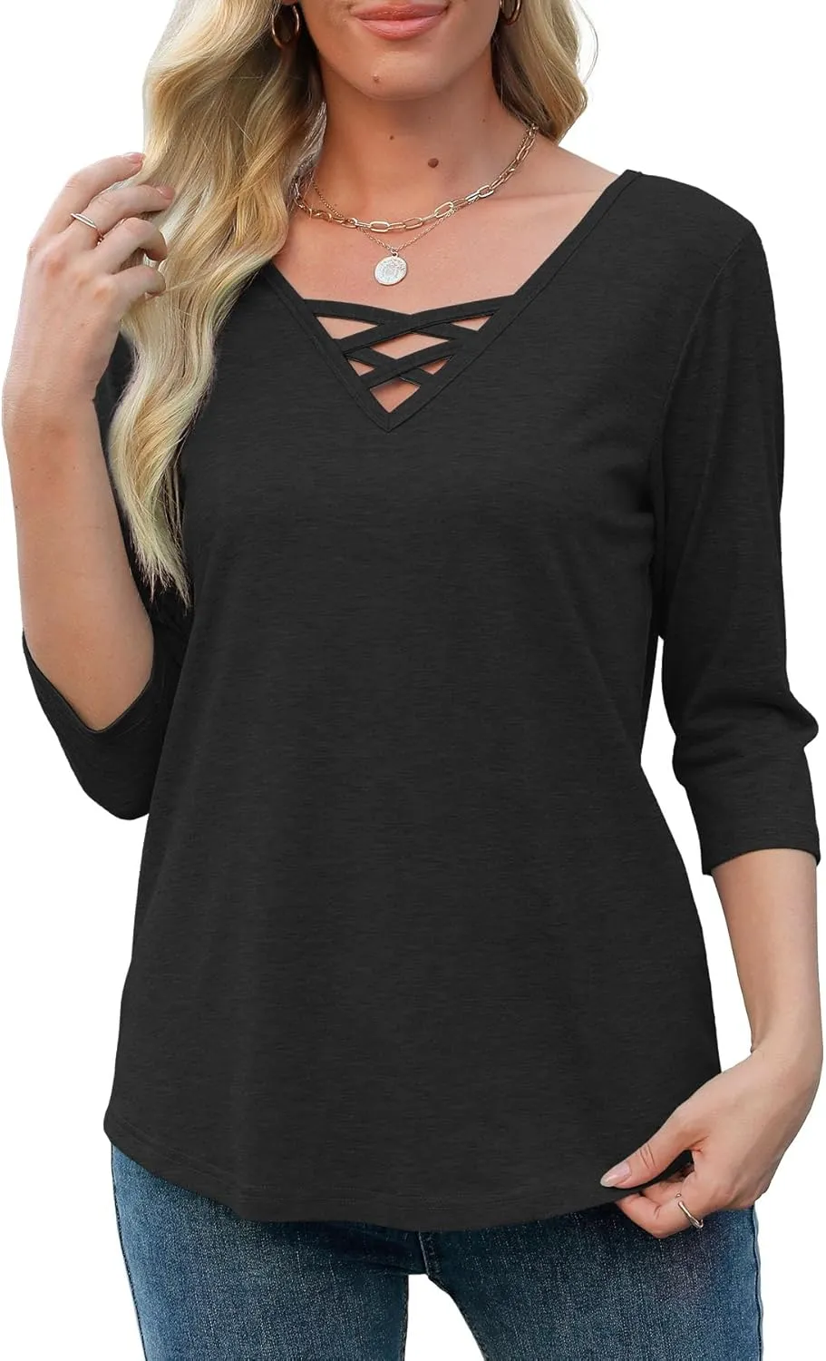 Heymiss Womens Tops 3/4 Sleeve V Neck Shirts Loose Casual Tunic Blouses Criss Cross Summer Tshirts