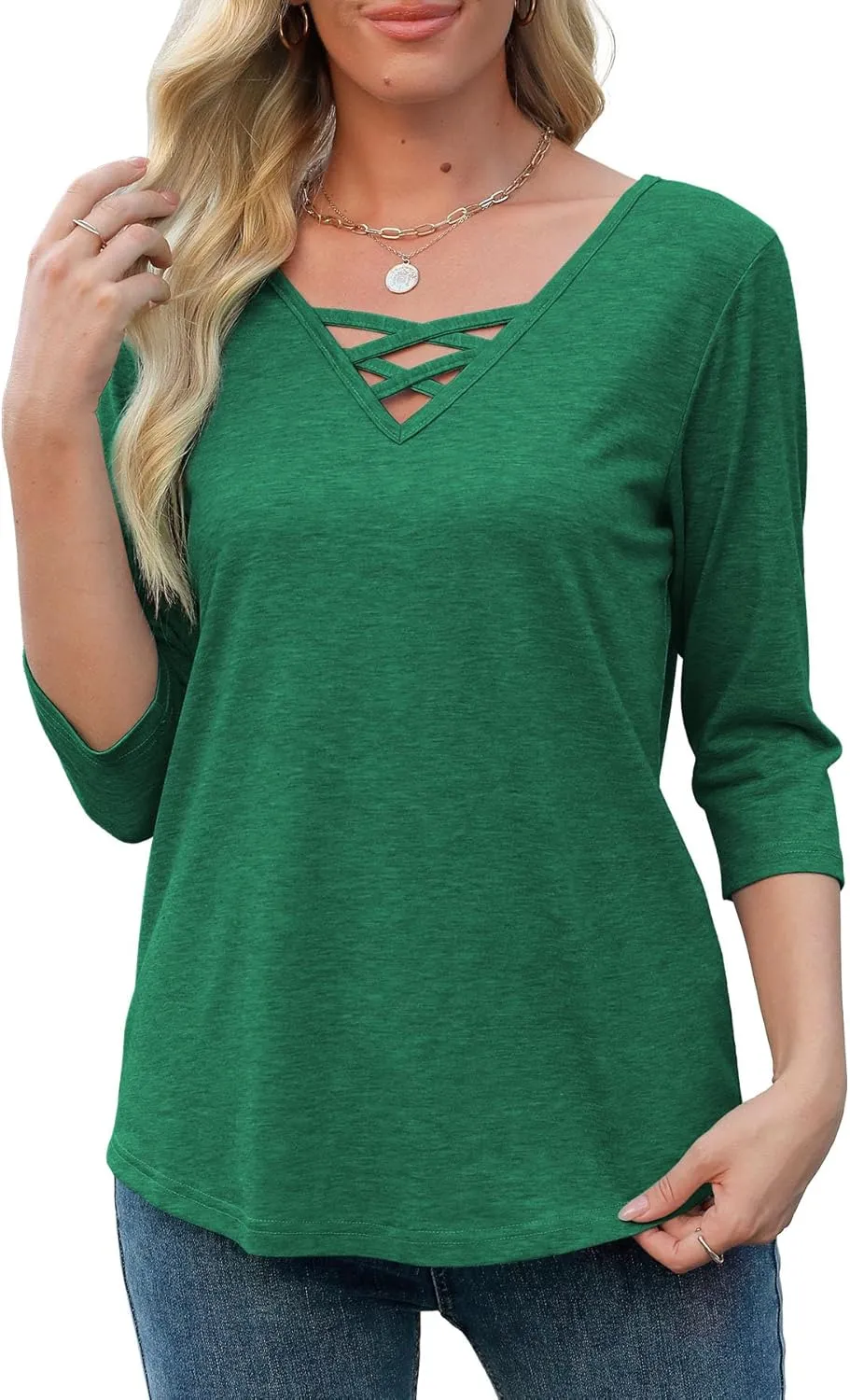 Heymiss Womens Tops 3/4 Sleeve V Neck Shirts Loose Casual Tunic Blouses Criss Cross Summer Tshirts