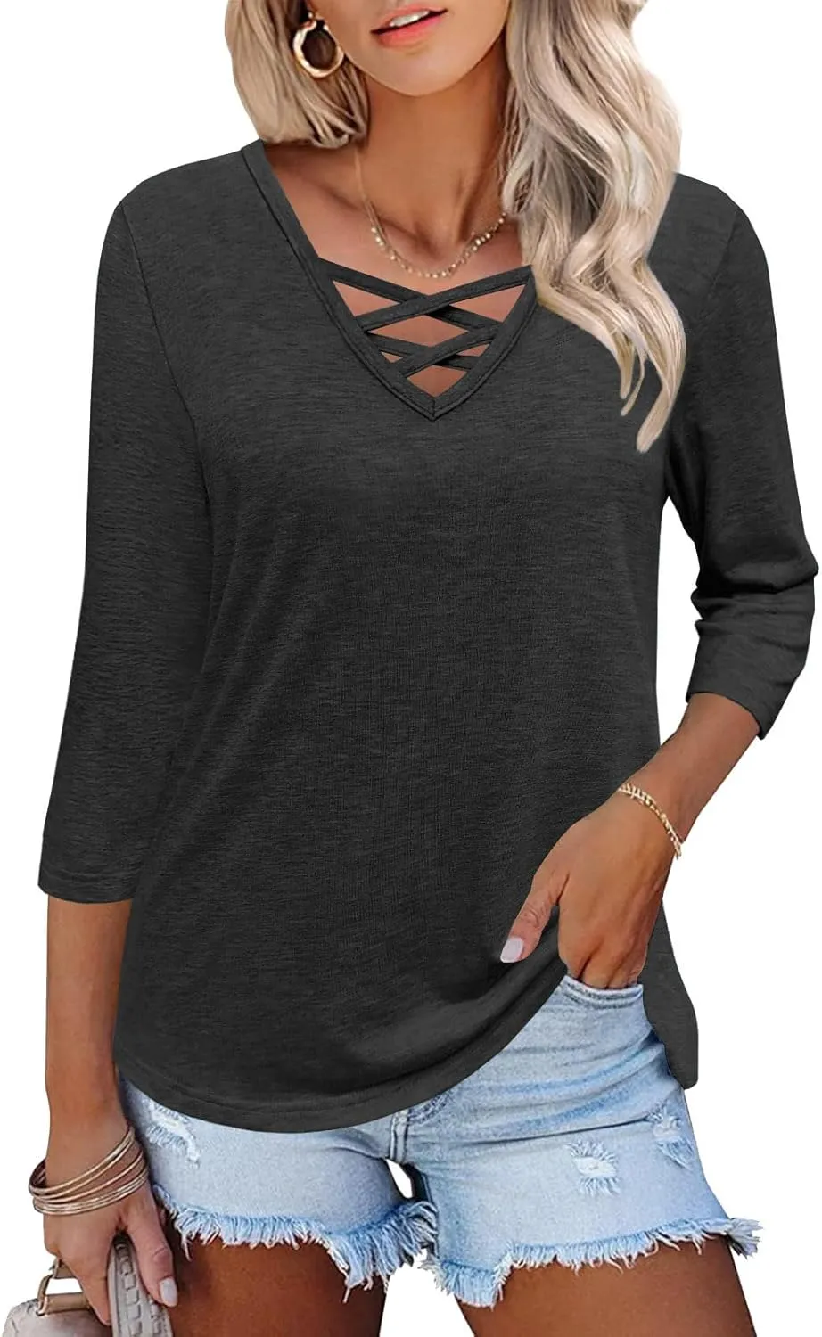 Heymiss Womens Tops 3/4 Sleeve V Neck Shirts Loose Casual Tunic Blouses Criss Cross Summer Tshirts