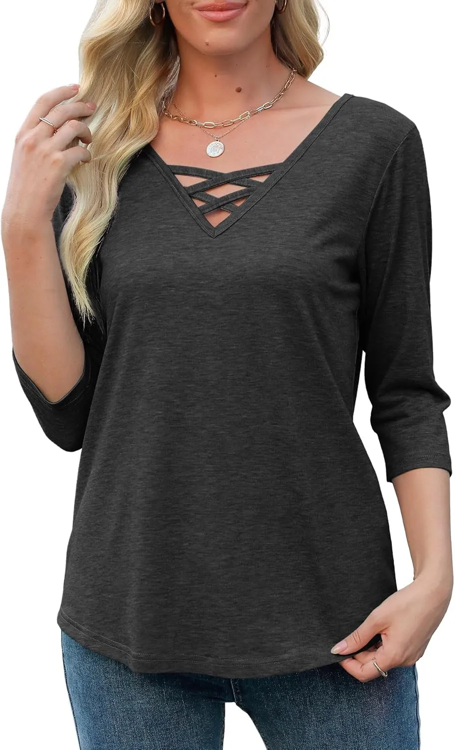 Heymiss Womens Tops 3/4 Sleeve V Neck Shirts Loose Casual Tunic Blouses Criss Cross Summer Tshirts