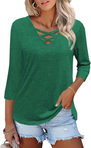 Heymiss Womens Tops 3/4 Sleeve V Neck Shirts Loose Casual Tunic Blouses Criss Cross Summer Tshirts