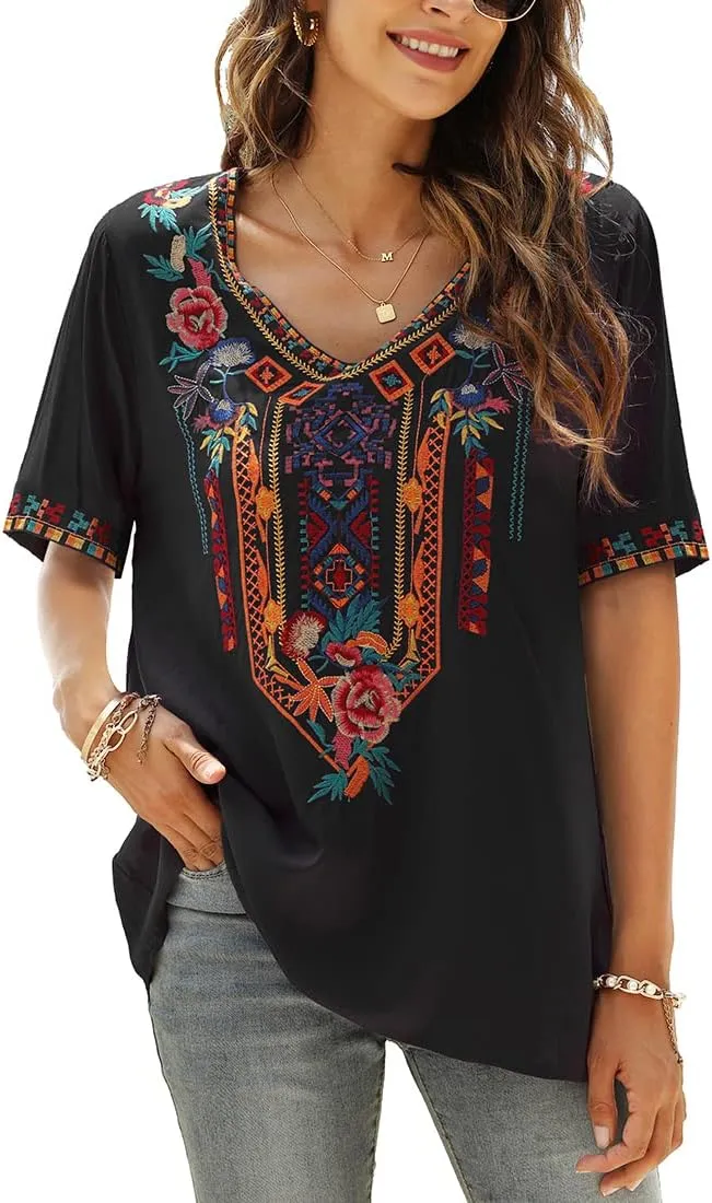 LauraKlein Womens Mexican Embroidered Tops for Women Boho Blouse for Women Summer Short Sleeve Floral Hippie Shirts Tunics