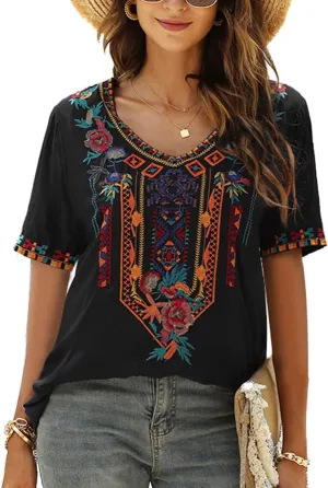 LauraKlein Womens Mexican Embroidered Tops for Women Boho Blouse for Women Summer Short Sleeve Floral Hippie Shirts Tunics