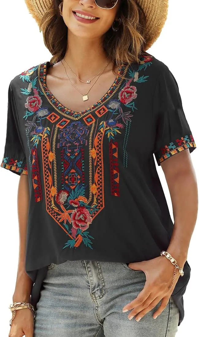 LauraKlein Womens Mexican Embroidered Tops for Women Boho Blouse for Women Summer Short Sleeve Floral Hippie Shirts Tunics