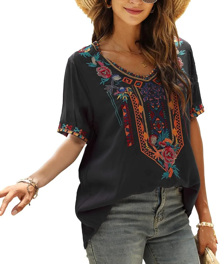 LauraKlein Womens Mexican Embroidered Tops for Women Boho Blouse for Women Summer Short Sleeve Floral Hippie Shirts Tunics