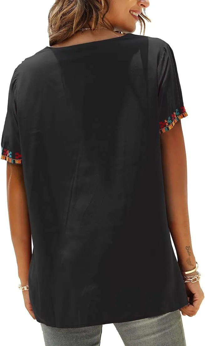 LauraKlein Womens Mexican Embroidered Tops for Women Boho Blouse for Women Summer Short Sleeve Floral Hippie Shirts Tunics