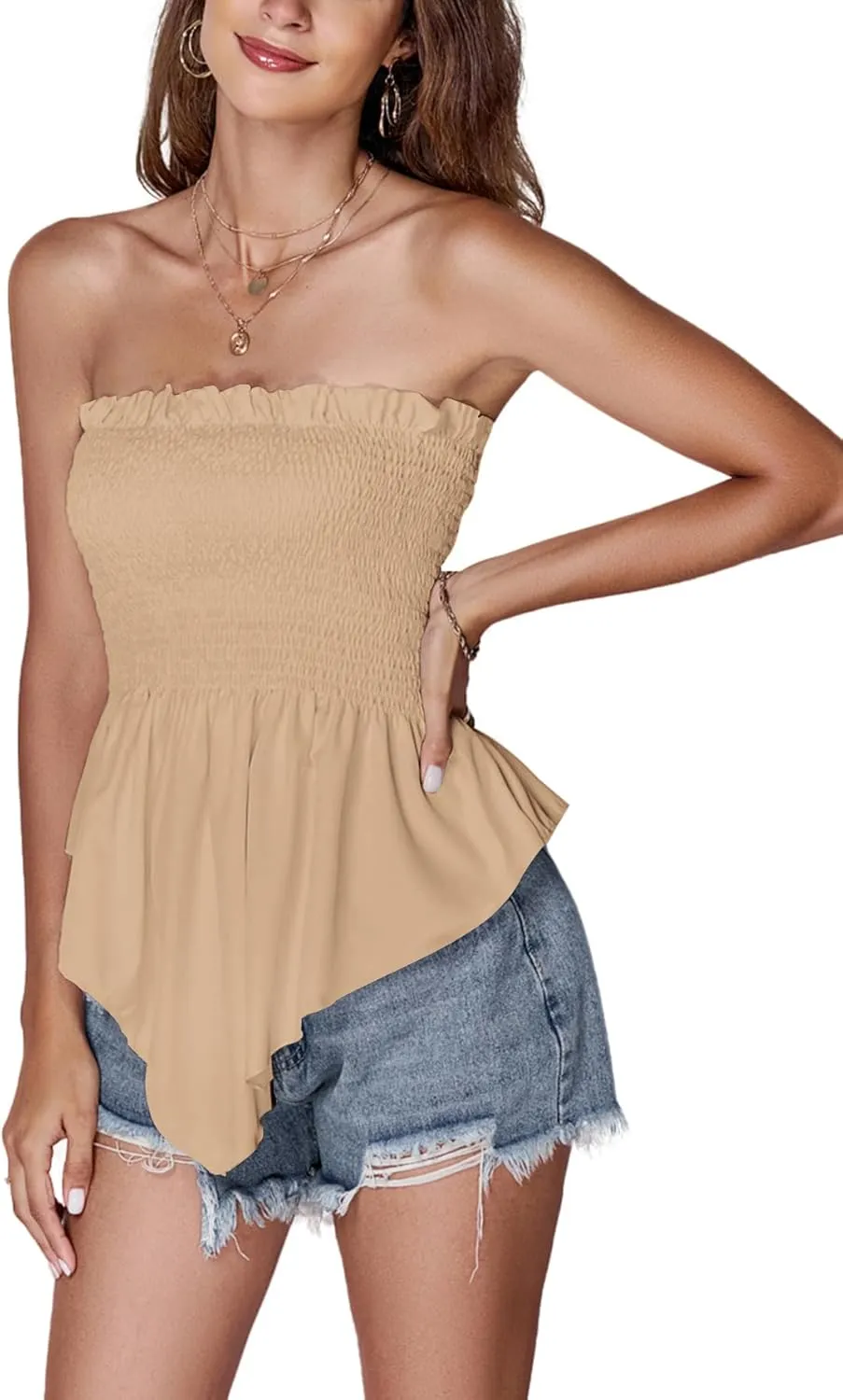 LYANER Women's Frill Shirred Ruffle Hem Strapless Tube Top Sleeveless Pleated Peplum Bandeau Blouse