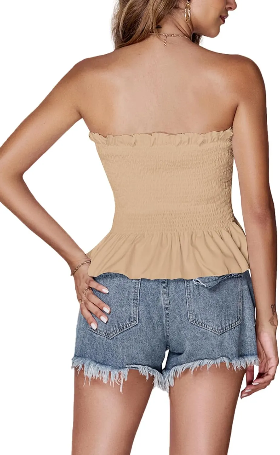 LYANER Women's Frill Shirred Ruffle Hem Strapless Tube Top Sleeveless Pleated Peplum Bandeau Blouse