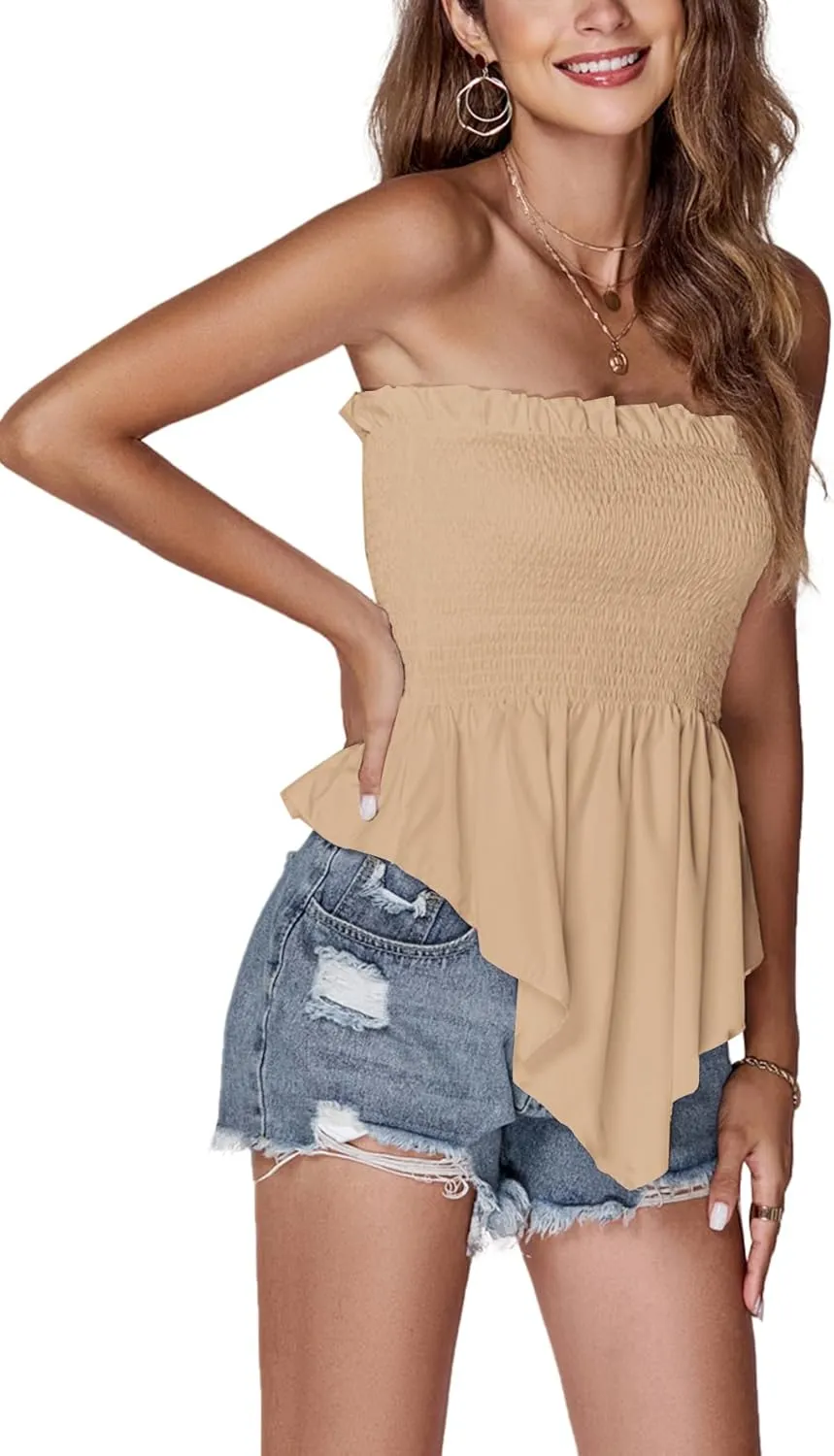 LYANER Women's Frill Shirred Ruffle Hem Strapless Tube Top Sleeveless Pleated Peplum Bandeau Blouse