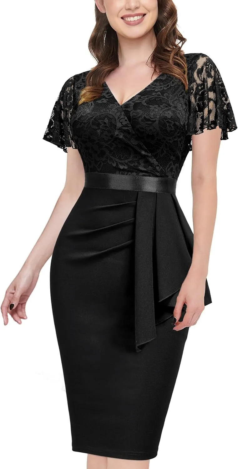 Miusol Women's Floral Lace V Neck Elegant Ruffle Cocktail Dress