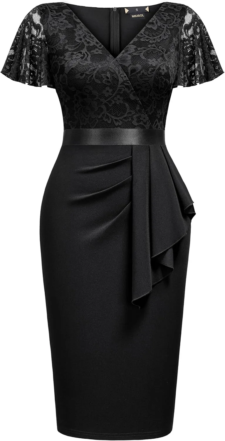 Miusol Women's Floral Lace V Neck Elegant Ruffle Cocktail Dress