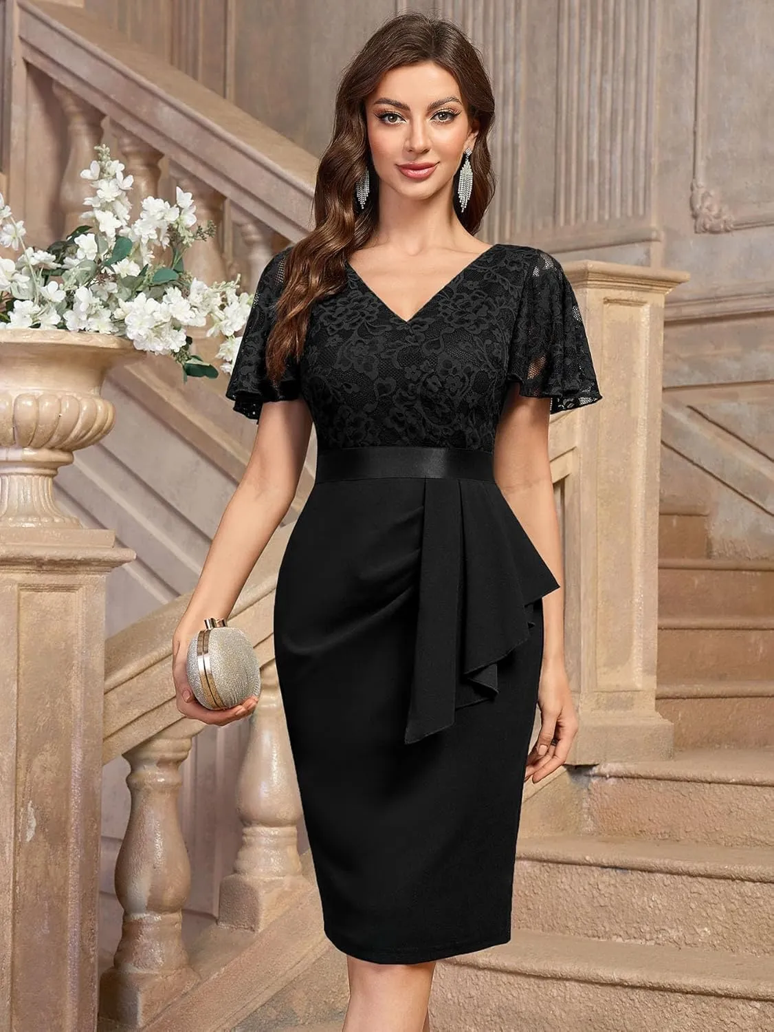Miusol Women's Floral Lace V Neck Elegant Ruffle Cocktail Dress
