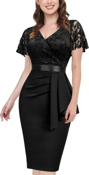 Miusol Women's Floral Lace V Neck Elegant Ruffle Cocktail Dress