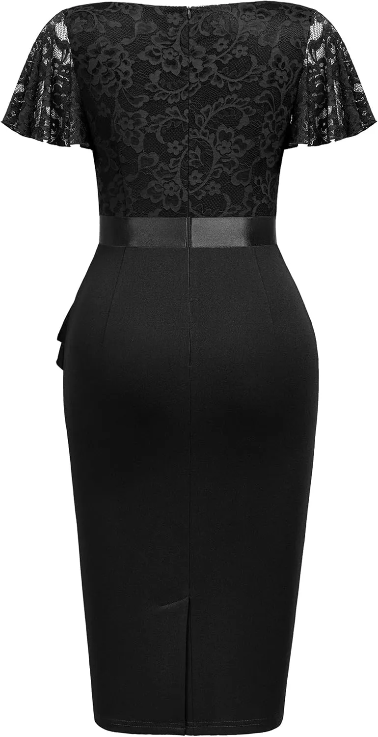 Miusol Women's Floral Lace V Neck Elegant Ruffle Cocktail Dress