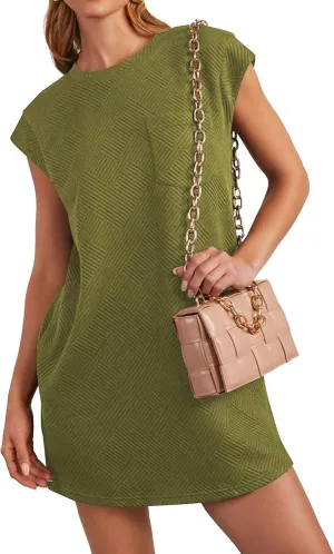 Poetsky Women's Summer Mini T Shirt Dress Casual Cap Sleeve Crewneck Loose Basic Short Beach Dresses