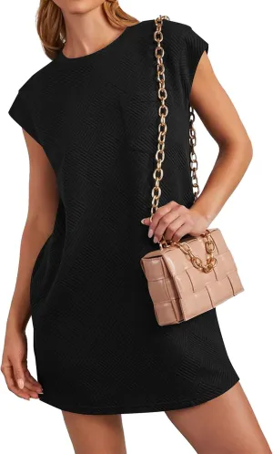 Poetsky Women's Summer Mini T Shirt Dress Casual Cap Sleeve Crewneck Loose Basic Short Beach Dresses