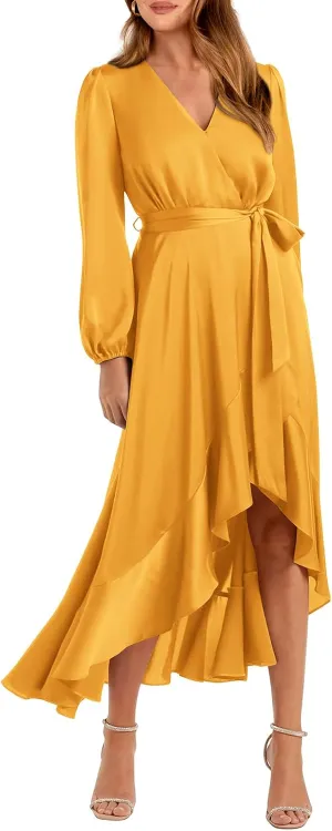 PRETTYGARDEN Women's 2023 Fall Dresses Casual Long Sleeve Wrap V Neck Maxi Dress High Low Wedding Guest Dress Ruffle Hem (Yellow,Medium)