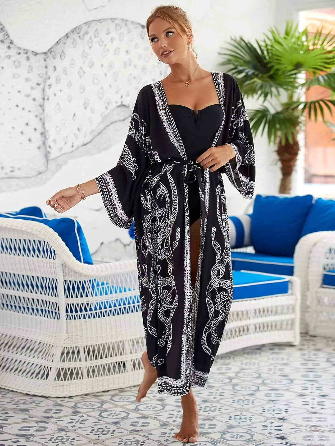 RanRui Kimono Robe Women Open Front Kimono Duster Robes with Belt Loose Over Sized