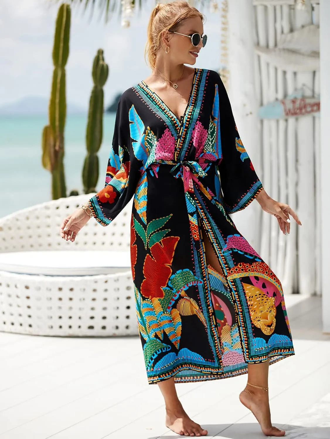 RanRui Kimono Robe Women Open Front Kimono Duster Robes with Belt Loose Over Sized