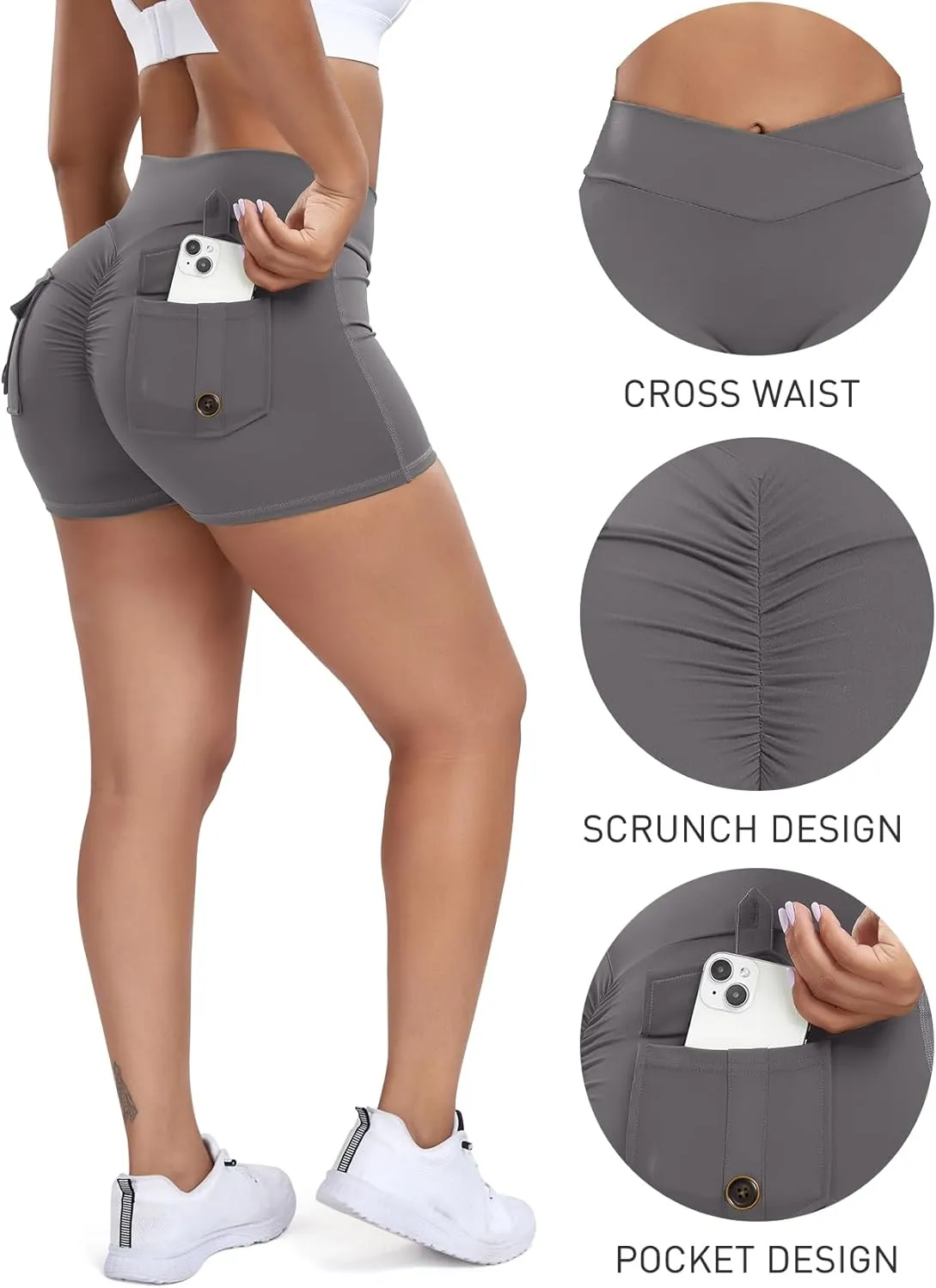 SEASUM Women Pocket Shorts Scrunch Butt Workout Cargo Shorts V Waist Yoga Booty Lifting Gym Bottom