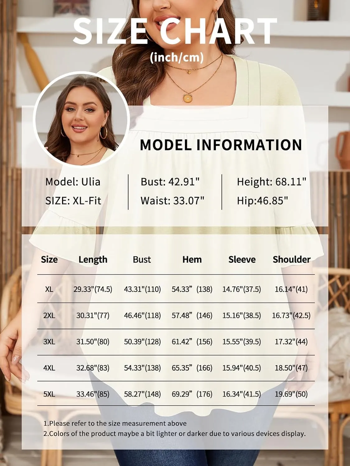 Siddhe Womens Plus Size Tops Loose Fit 3/4 Ruffle Sleeve Blouses Square Neck T Shirt Casual Tunic Tops(1X-5X)