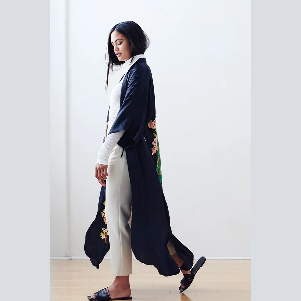 Silk Handpainted Peacock Long Kimono Robe