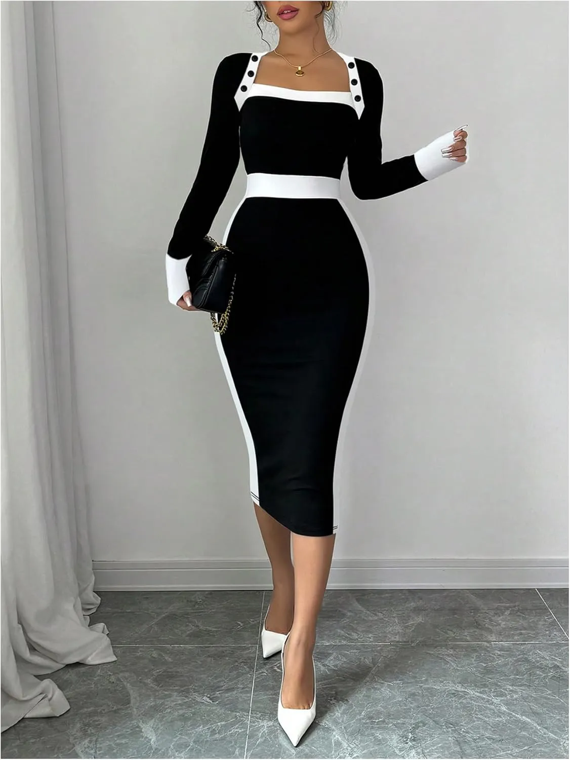 SOLY HUX Women's Long Sleeve Square Neck Bodycon Elegant Midi Dress Pencil Cocktail Party Dresses