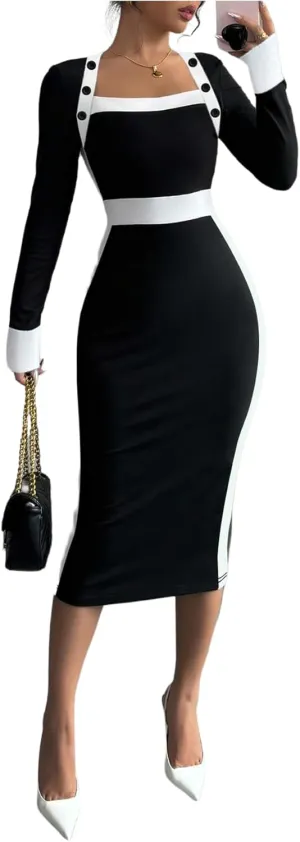 SOLY HUX Women's Long Sleeve Square Neck Bodycon Elegant Midi Dress Pencil Cocktail Party Dresses