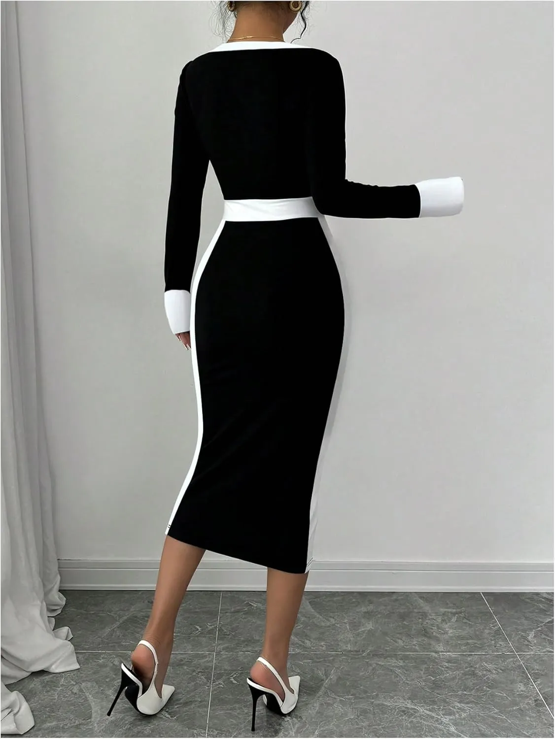 SOLY HUX Women's Long Sleeve Square Neck Bodycon Elegant Midi Dress Pencil Cocktail Party Dresses