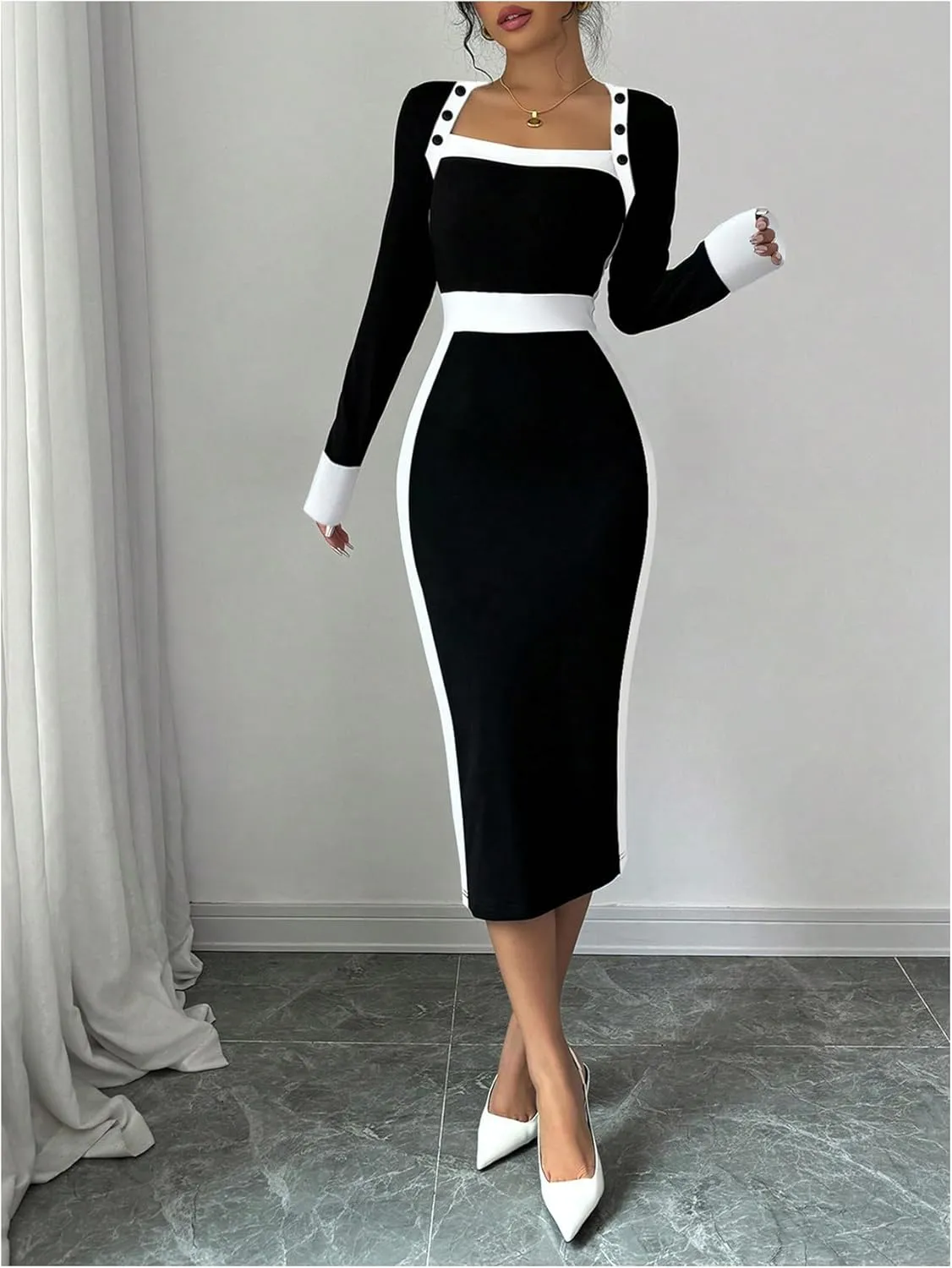 SOLY HUX Women's Long Sleeve Square Neck Bodycon Elegant Midi Dress Pencil Cocktail Party Dresses