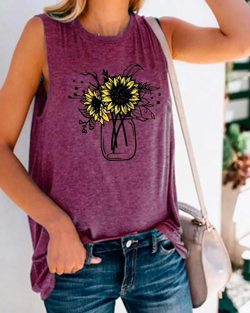 Sunflower Tank Top for Women Sleeveless Summer Tops Cute Flower Graphic Tops