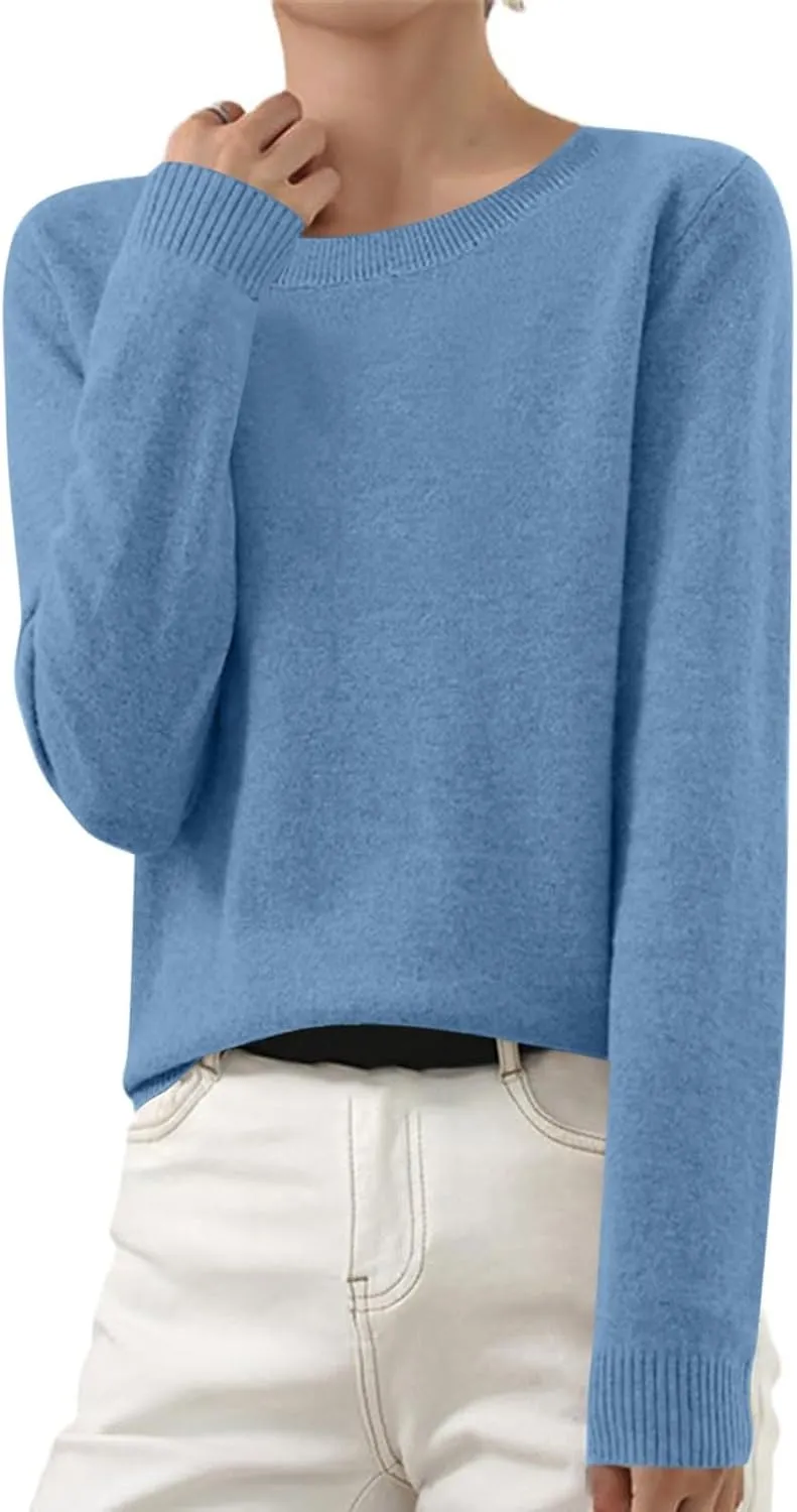 Wkishenl Cashmere Sweaters for Women Long Sleeve Crewneck/V-Neck Knit Pullover Classic Solid Shirts Fall Fashion Clothes 2025