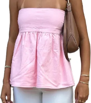 Women Peplum Strapless Tube Top Ruffle Hem Flowy Bandeau Tank Tops Y2K Sleeveless Smocked Back Summer Tube Tops