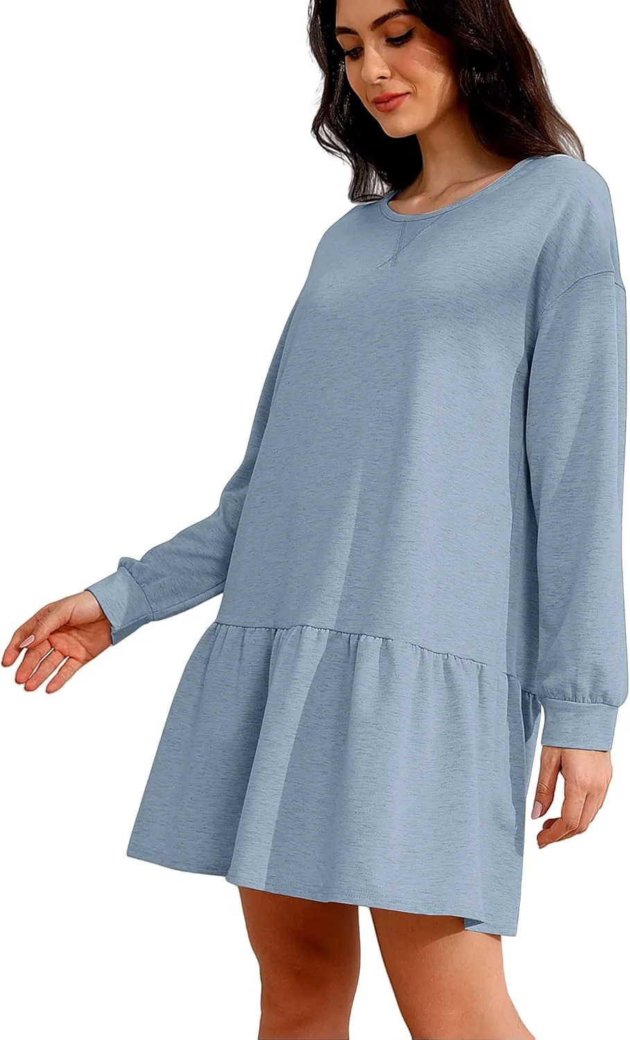 Womens 2025 Fall Long Sleeve Pullover Tops Crewneck Rib Knit Patchwork Sweatshirt Dress Ruffle Mini Dresses