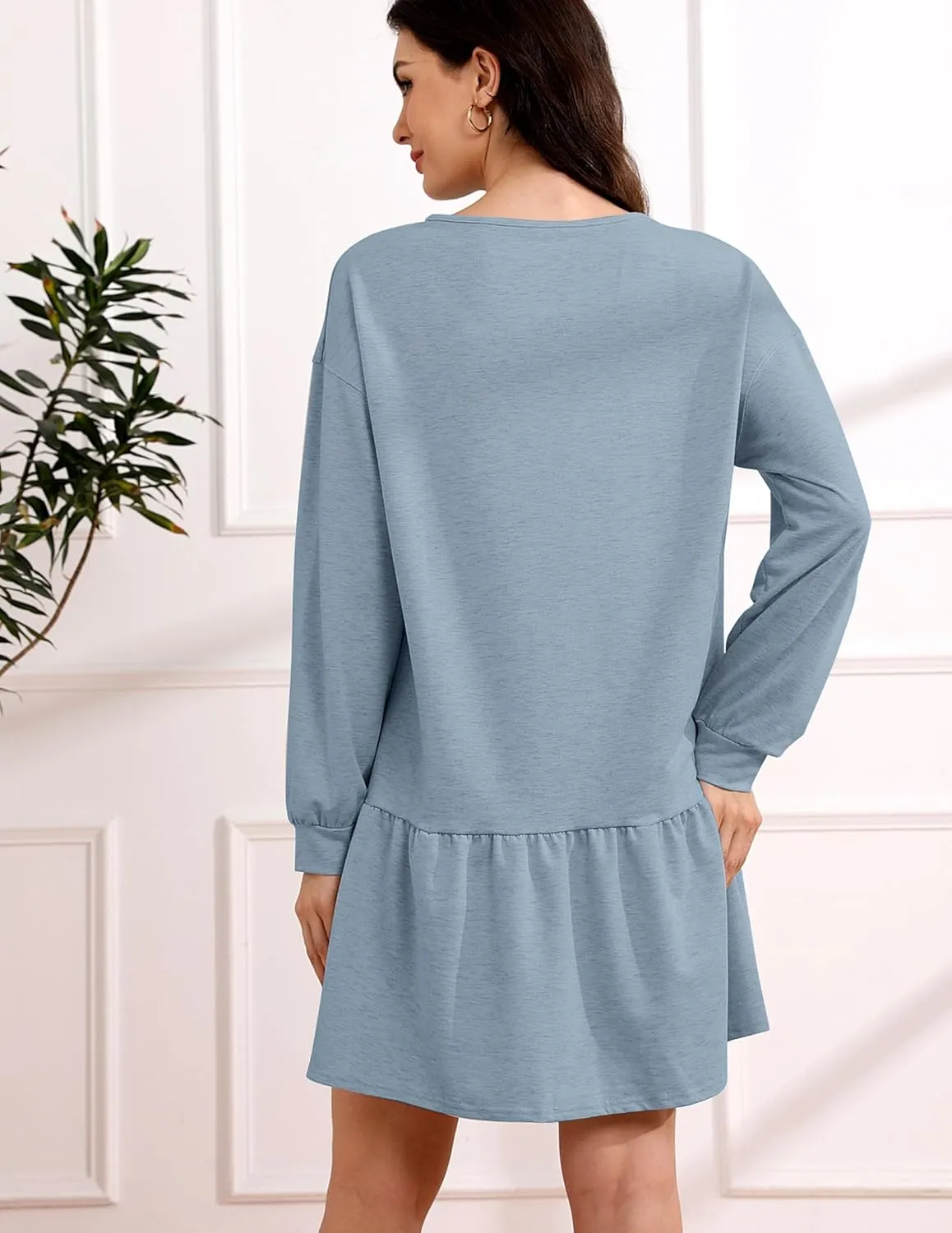 Womens 2025 Fall Long Sleeve Pullover Tops Crewneck Rib Knit Patchwork Sweatshirt Dress Ruffle Mini Dresses