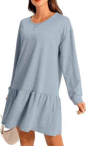 Womens 2025 Fall Long Sleeve Pullover Tops Crewneck Rib Knit Patchwork Sweatshirt Dress Ruffle Mini Dresses