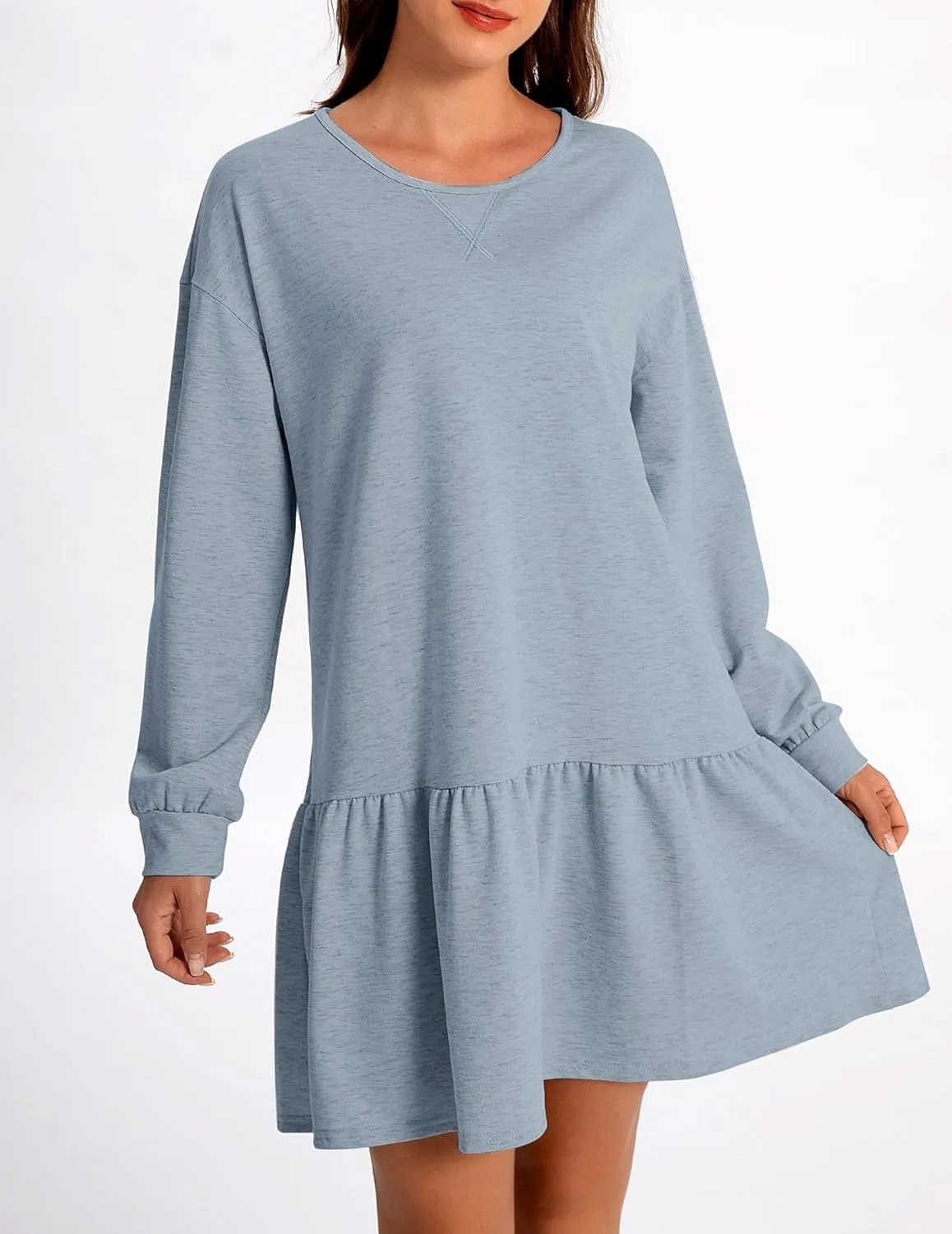Womens 2025 Fall Long Sleeve Pullover Tops Crewneck Rib Knit Patchwork Sweatshirt Dress Ruffle Mini Dresses