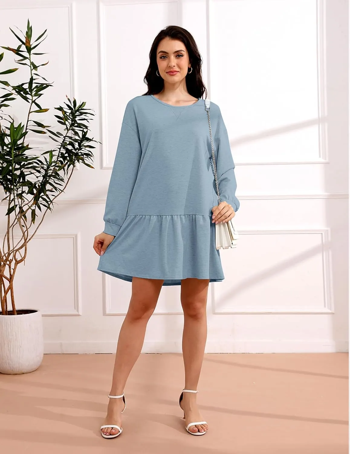 Womens 2025 Fall Long Sleeve Pullover Tops Crewneck Rib Knit Patchwork Sweatshirt Dress Ruffle Mini Dresses