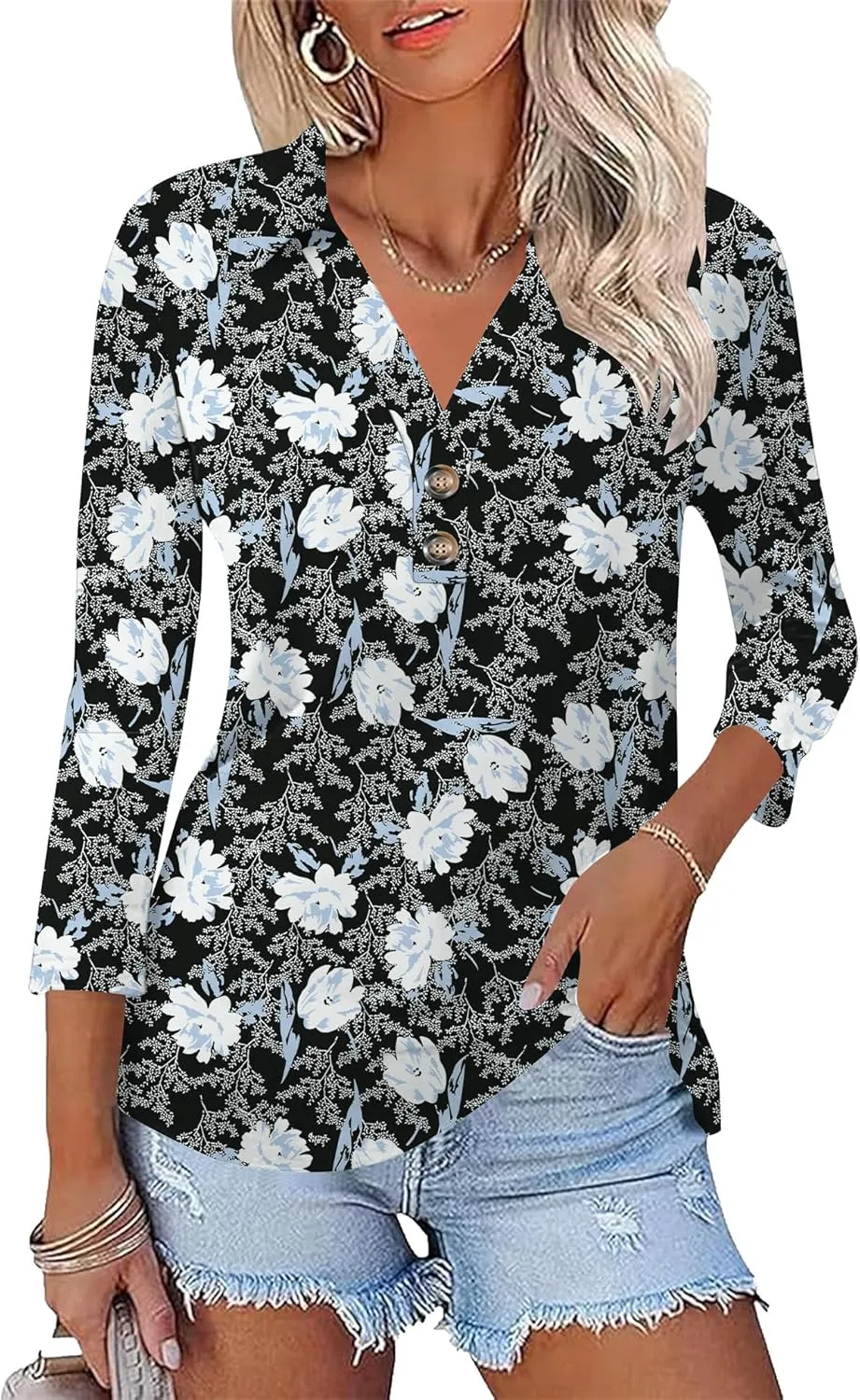 Womens 3/4 Sleeve V Neck T Shirt Floral Collared Button Down Shirts for Women S-XXL