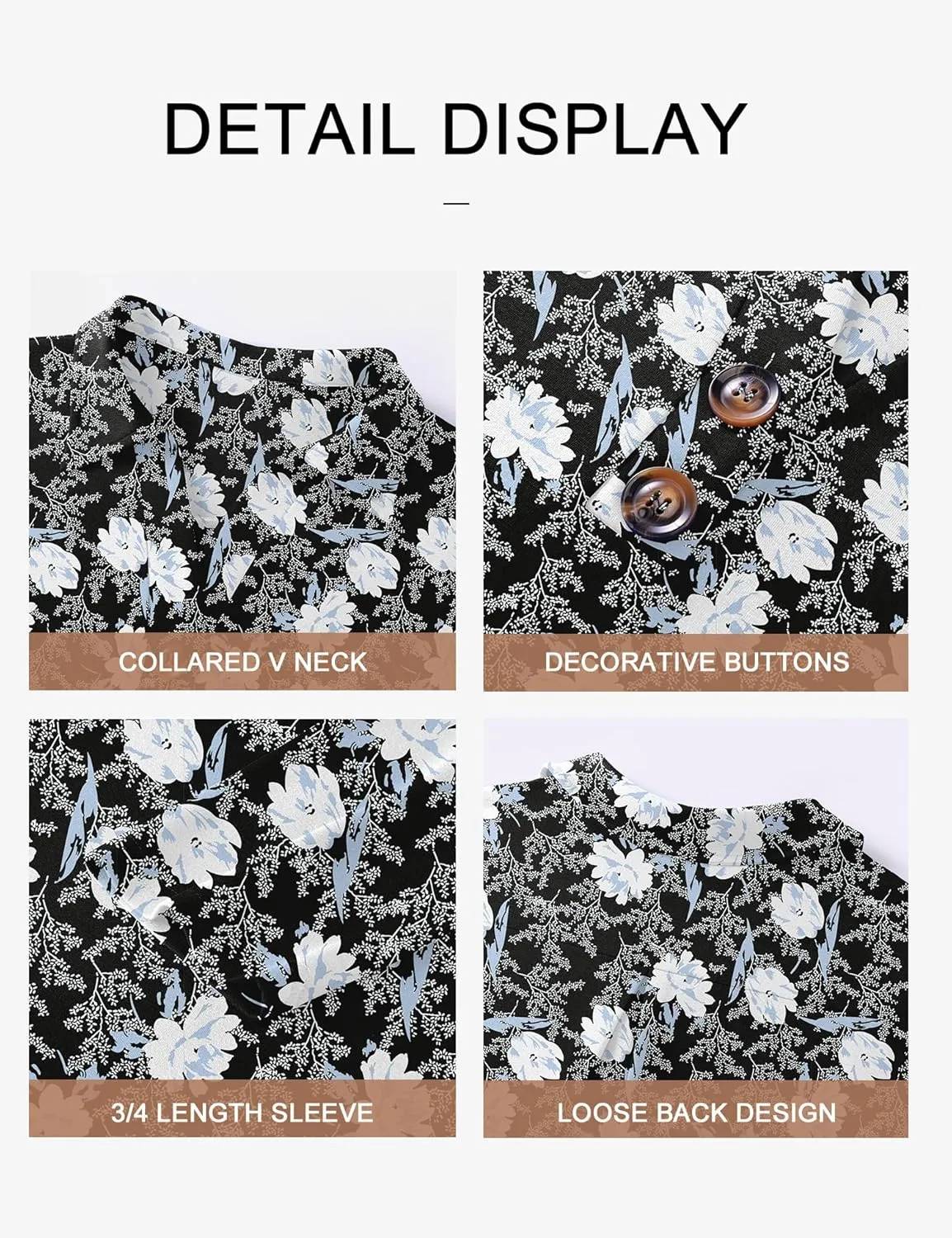 Womens 3/4 Sleeve V Neck T Shirt Floral Collared Button Down Shirts for Women S-XXL